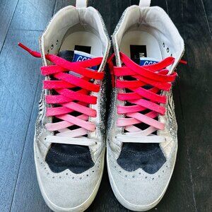 Golden Goose Women's Mid-star black/gray suede, zebra pony stars, silver glitter